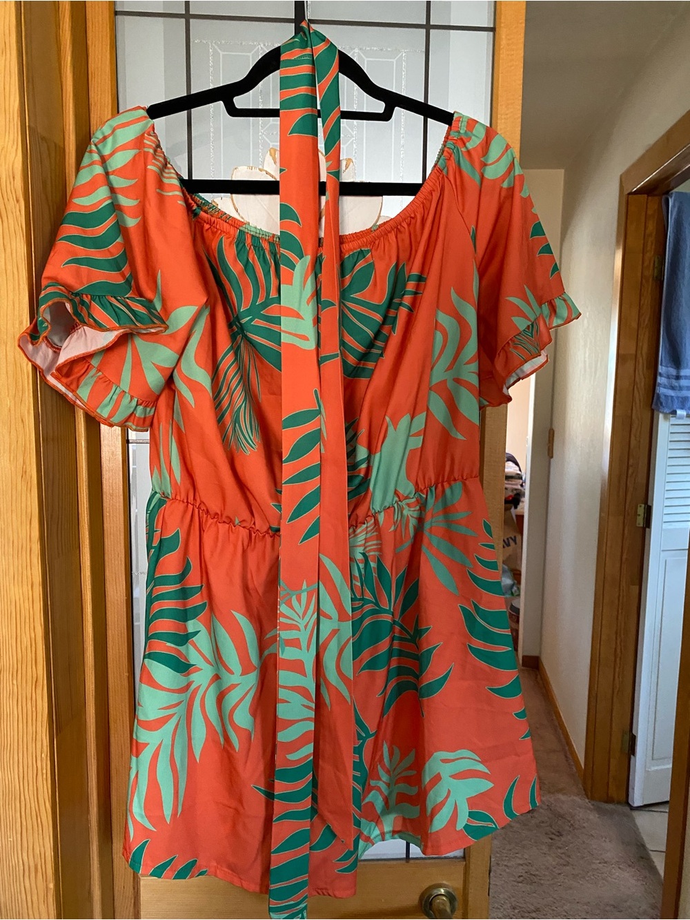 Tropical Off-Shoulder Mini Dress with Tie - Orange & Mint
